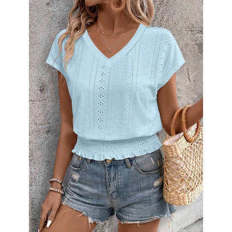Women  Eyelet Top Casual V Neck