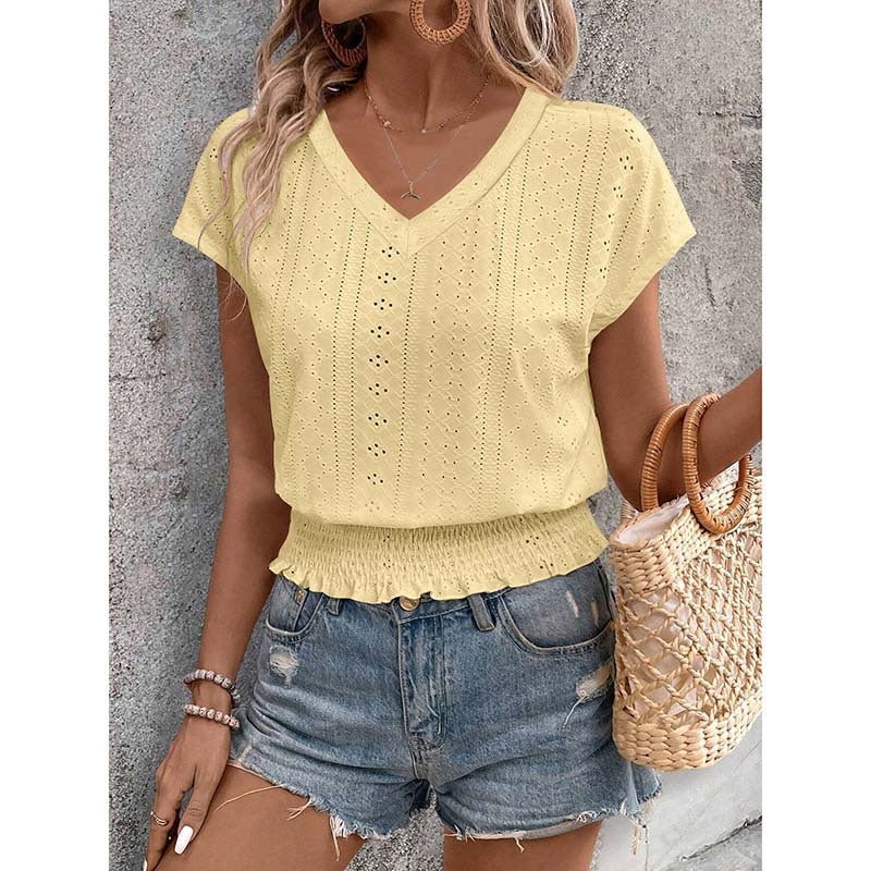 Women  Eyelet Top Casual V Neck
