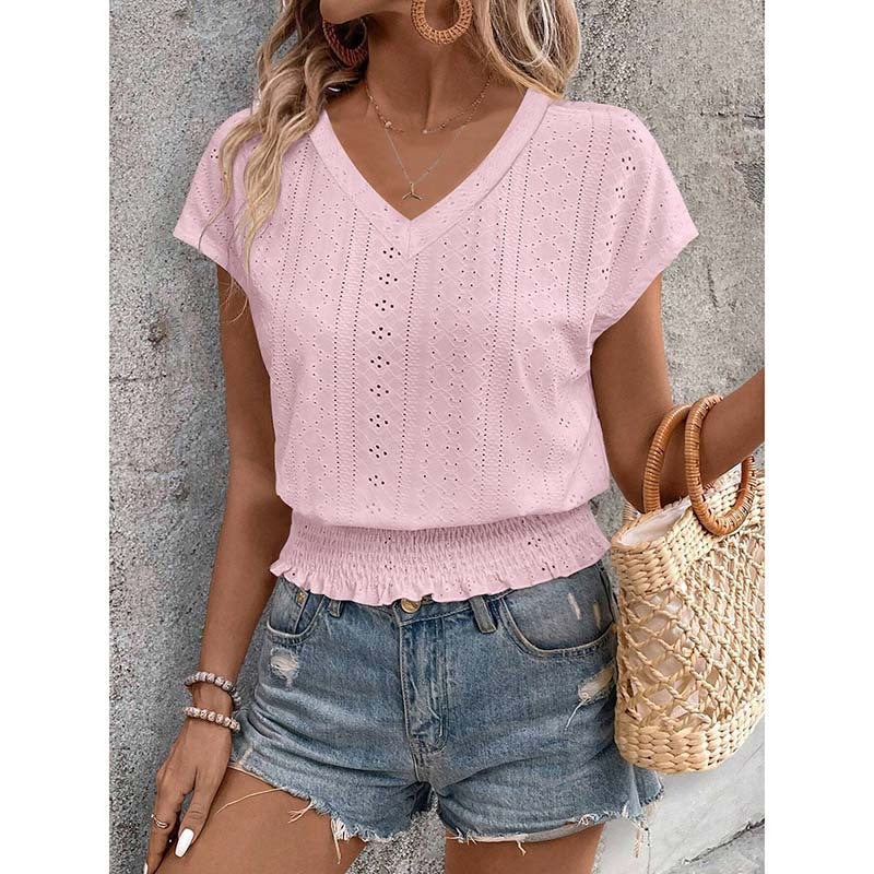 Women  Eyelet Top Casual V Neck