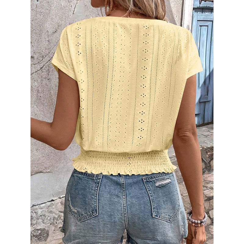 Women  Eyelet Top Casual V Neck