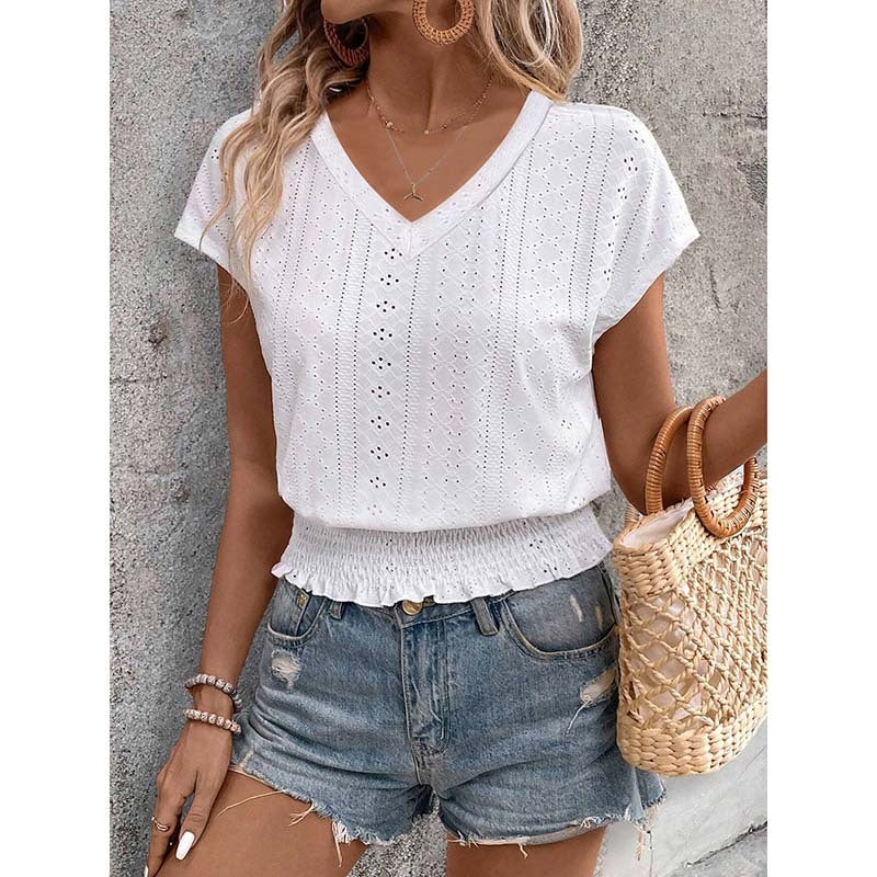 Women  Eyelet Top Casual V Neck